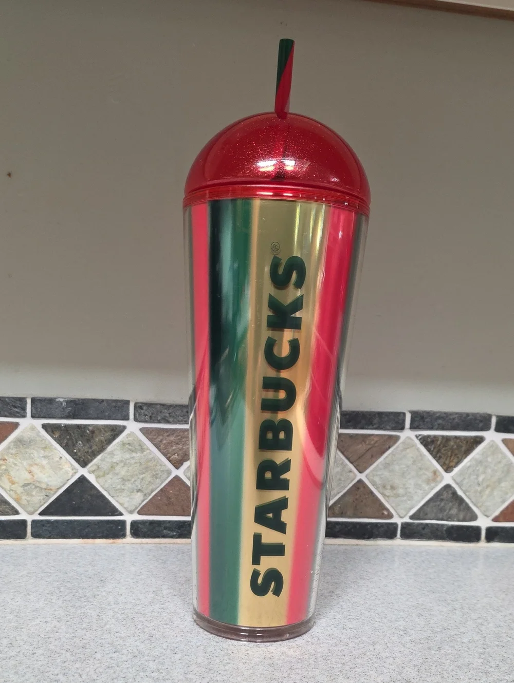 Starbucks Metallic Red, Green & Gold Holiday Tumbler with Glitter Dome Lid